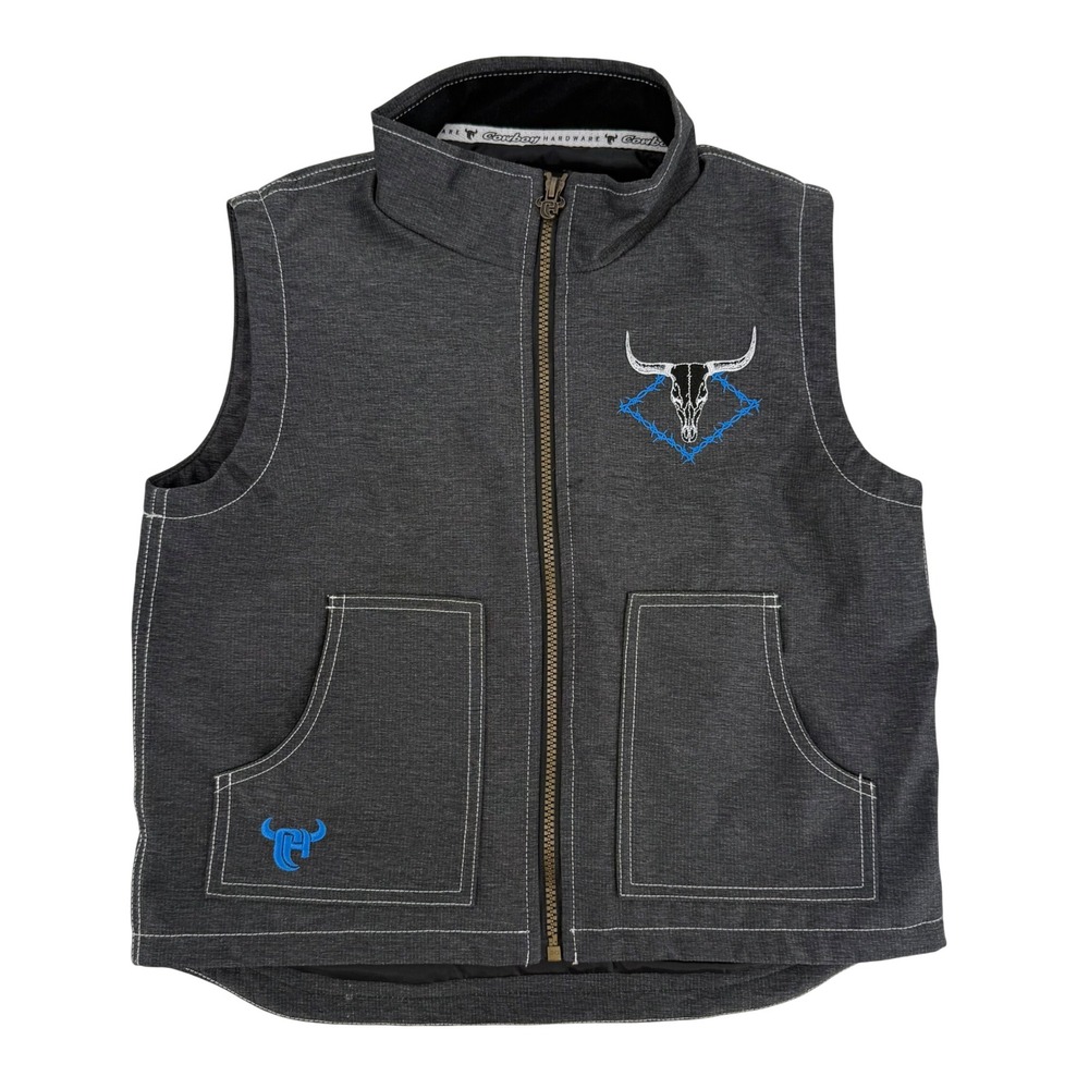 Cowboy Hardware Kids Charcoal Grey Longhorn Skull Barbed Wire Zip Vest L 10/12 - Picture 2 of 11